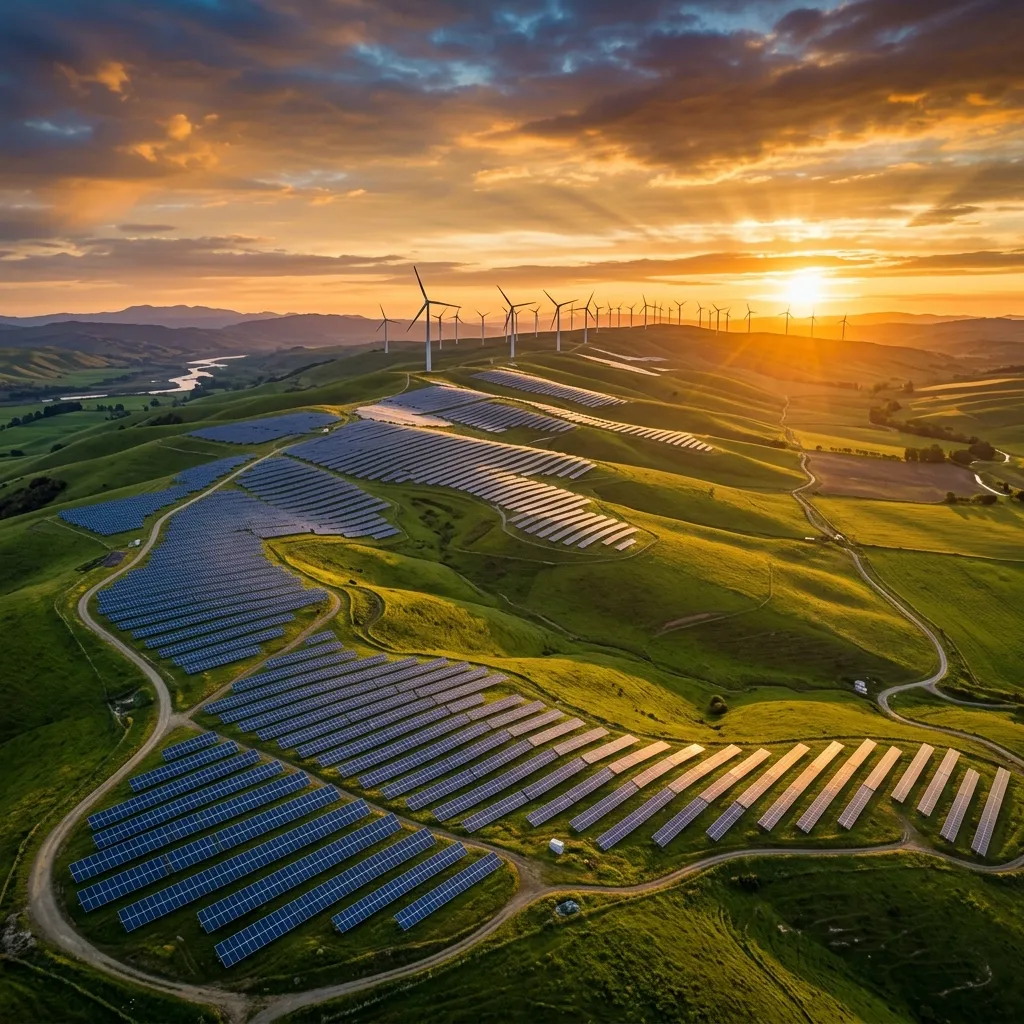 Renewable energy landscape — solar panels and wind turbines